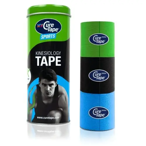 Produktbild: CureTape® Kinesiotapes | 3 Kinesiologie Tape Rollen (5cm x 2,5m) | Wasserfestes & Hautfreundliches Kinesiotape | Latexfreies Sporttape | Erhöhung der Beweglichkeit & Leistung (Grün, Schwarz, Blau)