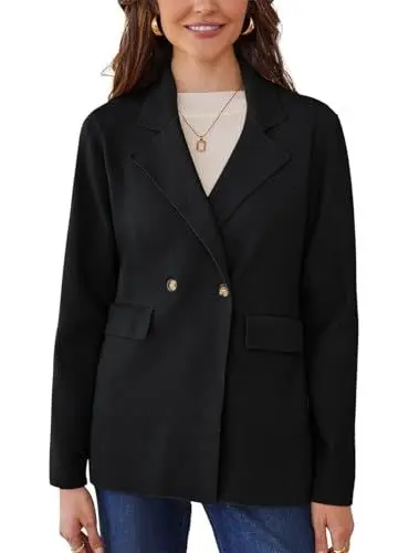 Produktbild: CURLBIUTY Damen Strickjacke Doppelreihig Cardigan Langarm Herbst Winter Notch Kragen Sweater Schwarz M