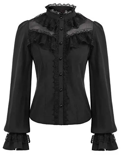 Produktbild: CURLBIUTY Damen Gothic Hemd Langarm Rollkragen Bluse Arbeit Button-Down Steampunk Oberteile Schwarz L