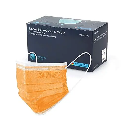 Produktbild: CURT MARIA MEDICAL 50 Stück Medizinische Gesichtsmasken made in Germany Mundschutz 3-lagig mit Ohrenschlaufen zum Einmalgebrauch orange