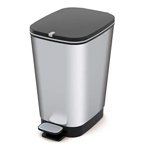 Produktbild: CURVER KIS Chic Bin Style Treteimer 45l mit Deckel und Pedal, Müllbeutelaufhängung, Silber metallic, 29 x44,5 x 60,5 cm
