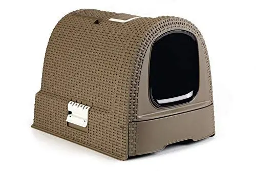 Produktbild: Curver petlife Katzentoilette mit Deckel, Katzenklo inklusive Schaufel, Moderne Rattangeflecht-Optik, Mokka, 51,5 x 38,5 x 40 cm, mokka