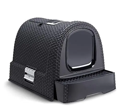 Produktbild: Curver petlife Katzentoilette mit Deckel, Katzenklo inklusive Schaufel, moderne Rattangeflecht-Optik, anthrazit, 51,5 x 38,5 x 40 cm