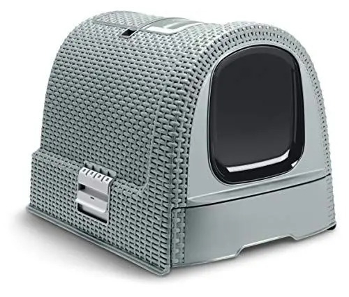 Produktbild: Curver petlife Katzentoilette mit Deckel, Katzenklo inklusive Schaufel, moderne Rattangeflecht-Optik, grau-blau, 51,5 x 38,5 x 40 cm