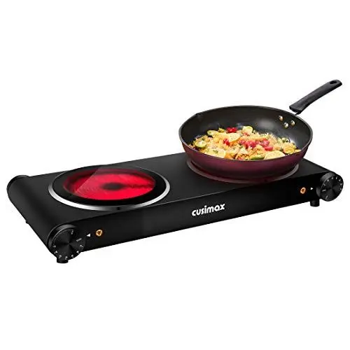 Produktbild: CUSIMAX Infrarot kochplatte 2er 1200W+1200W elektrisch herdplatte aus Glaskeramik, Tragbares doppel kochfelder mit Temperaturregelung für Outdoor/Indoor Use, für alle Topfarten, schwarzer Edelstahl