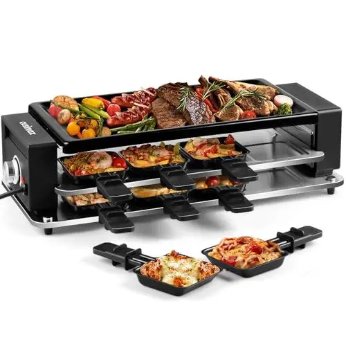 Produktbild: CUSIMAX Raclette Grill, Steuerung Partygrill für 8 Personen, Antihaftbeschichtung Grillplatte, Stufenlos Regulierbare Temperatur, 8 Mini Pfännchen und Holzspatel
