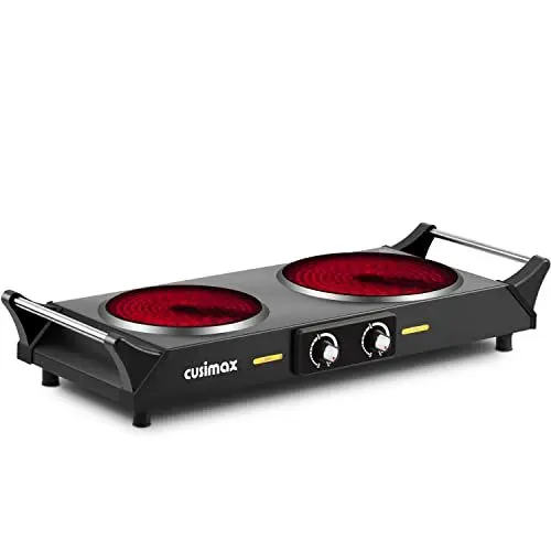 Produktbild: CUSIMAX Elektrische Kochplatte mit Kühlgriffen, 900 W + 1200 W, doppelte Infrarot-Kochplatte, tragbar mit einstellbarer Temperatur, 15 cm + 18 cm zum Kochen, kompatibel mit