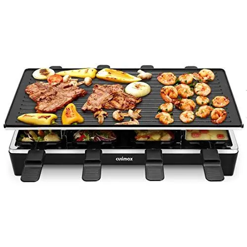 Produktbild: Cusimax Raclette Grill mit Reversible Grillpfanne, Steuerung Partygrill für 8 Personen,Stufenlos Regulierbare Temperatur, 8 Mini Pfännchen, Antihaftbeschichtung, CMRC-300, 1500W, Schwar