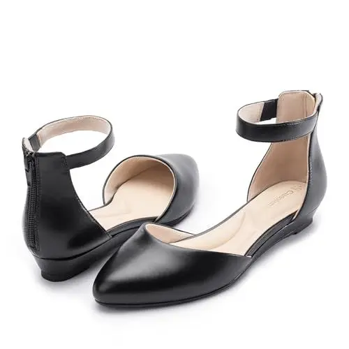 Produktbild: Cusolemore Damen Flache Schuhe Ballerinas mit Knöchelriemen, niedrige Keilabsatz Flats Spitze Zehe für Arbeit, Hochzeit SCHWARZ PU 41.5