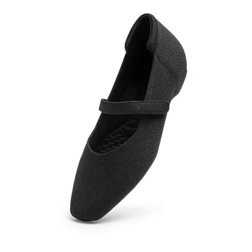 Produktbild: Cusolemore Mary Jane Flache Schuhe für Frauen mit Bogen Unterstützung und verdeckten niedrigen Keilabsatz, Bequeme Frauen quadratische Zehe Ballett Flats Stricken Kleid Schuhe Schwarz Size 43