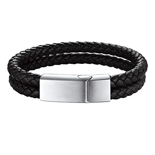 Produktbild: Custom4U Armband Herren Lederarmband Wickelarmband Geflochtenes Männer Armband Leder Armreif mit Magnetverschluss aus Edelstahl in Silber Länge 21cm Herren Armkette Schmuck