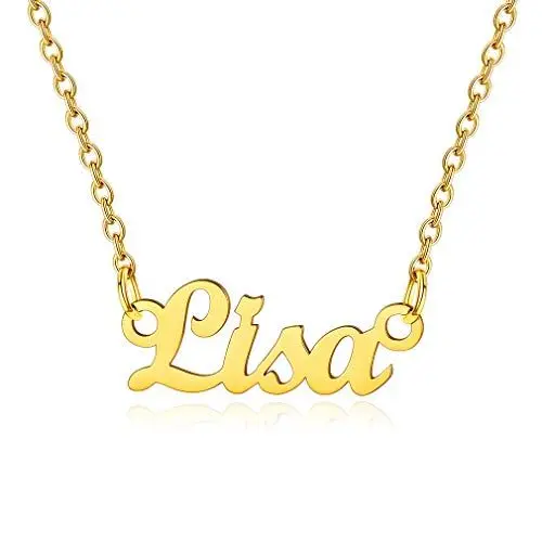 Produktbild: Custom4U Edelstahl Namenskette mit Lisa Anhänger Damen Goldkette Carrie Stil Namenkette Gold 45cm+5cm Verlängerskette für Freundin Mutter Schwester