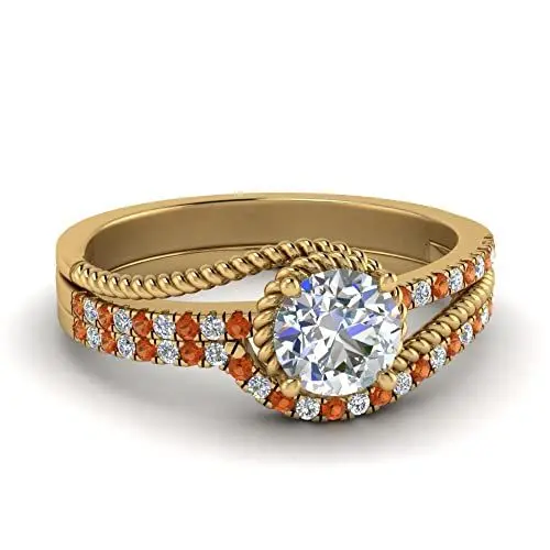 Produktbild: CustomizedGifts Rope Split Shank Wedding Ring Set gelb vergoldet Natur Granat Runde Brillante Form Wedding Ring Sets Prong Setting Größe 58 Schmuck für Freizeitkleidung