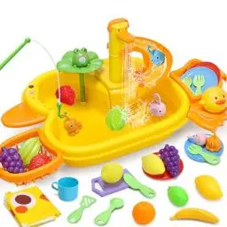 Produktbild: CUTE STONE Küchenspüle Spielzeug Set Wasserbecken Spielzeug Set mit Wasserhahn, Obst-Schneiden Wasserrutschbahn, Floating Spielzeug, Angelspielzeug, Rollenspiel Spielzeug für Kinder