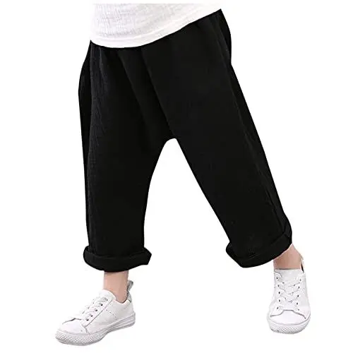 Produktbild: Mädchen Kind Schlafanzüge Baby Falten Leinen Junge Kinder Hose Kleinkind Feste Haremfarbe Hosen Sporthose Kinder (Black, 3-4 Years)