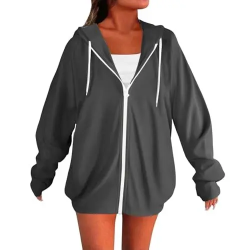 Produktbild: CUTeFiorino Reißverschlussjacken für Damen 2025 Basic Leichtes Sweatshirt Print Langarmshirts Kordelzug Full Zip Hoodies Damenstrickweste Schwarz (Dark Gray, XXXXL)