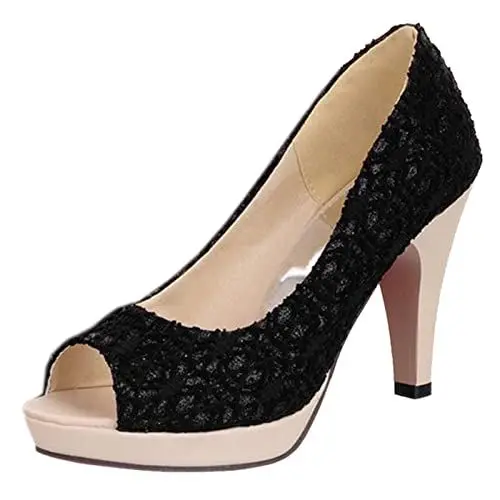 Produktbild: CuteFlats Damen Lässige Slip-On Pumps mit Peep Toe und Kitten Heels (Schwarz, 34)