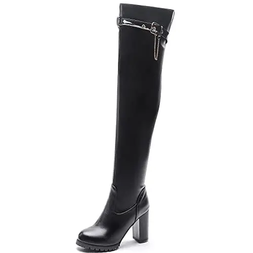 Produktbild: CuteFlats Damen Overknee/Kniehohe Stiefel mit Runder Zehenpartie und Blockabsatz(Schwarz, 46EU)