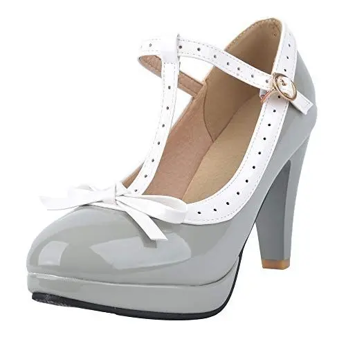 Produktbild: CuteFlats Damen Süß T-Strap Bogen Pumps mit Blockabsatz (Grau, 43 EU)