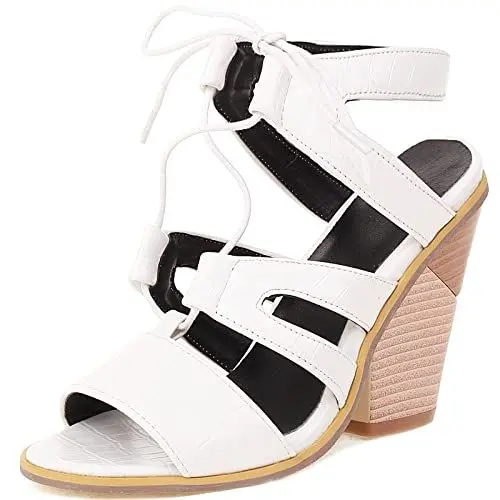 Produktbild: CuteFlats Komfortable Damen-Sandalen mit Blockabsatz und Offener Spitze zum Schnüren für Verabredungen/Partys(Weiß,45)