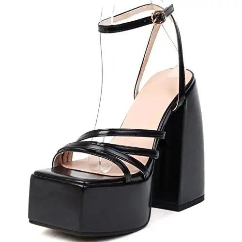 Produktbild: CuteFlats Modische Knöchelriemen-Sandalen mit Plateaus und Superhohem Blockabsatz für Damen (Schwarz, 39 EU)