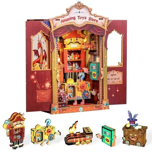 Produktbild: Cutefun Book Nook Kit - Puppenhaus Kitaus Holz,DIY Miniatur Puppenhaus Bücherecke Bibliothek Häuser Modellbausätze mit LED Leuchten Bücherregal Dekor,Amazing Toys Store(MF04)