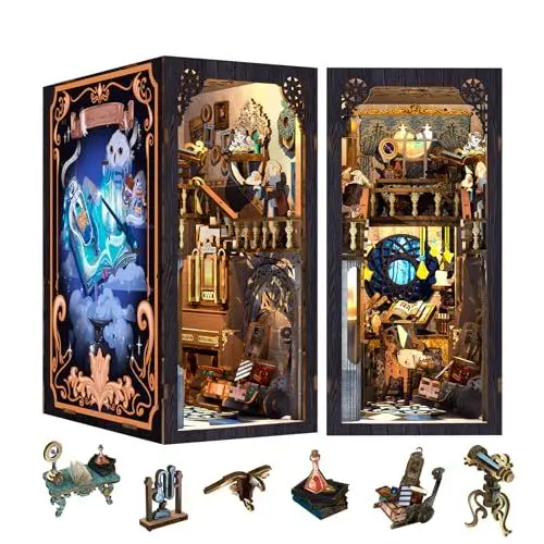 Produktbild: Cutefun Book Nook Puppenhaus Kit aus Holz mit Staubschutzhülle, Bücherece,Bücherstand,DIY Miniatur Puppenhaus Bibliothek Haus Häuser Modellbausätze mit LED Leuchten,Bücherregal, The Nebula Common Room