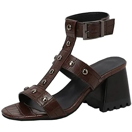 Produktbild: CUTEHEELS Damen Gladiator Knöchel T-Strap Sandalen mit Offener Zehe und Klobigen Absätzen (Braun, 46)
