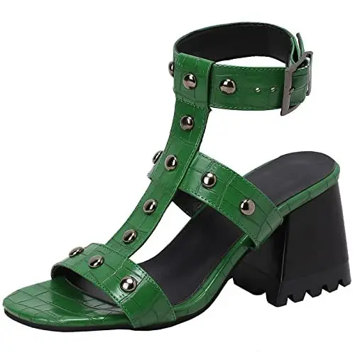 Produktbild: CUTEHEELS Damen Gladiator Knöchel T-Strap Sandalen mit Offener Zehe und Klobigen Absätzen (Grün, 42)