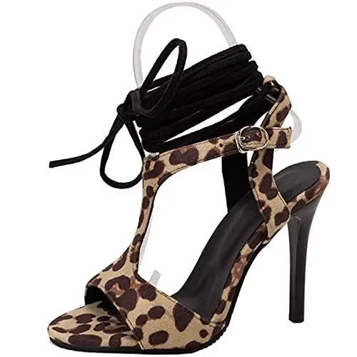 Produktbild: CUTEHEELS Damen Gladiator Riemchen-Schnürsandalen mit Offener Zehe und Stilettoabsätzen (Leopard, 35)