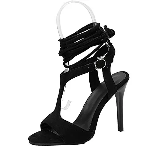 Produktbild: CUTEHEELS Damen Gladiator Riemchen-Schnürsandalen mit Offener Zehe und Stilettoabsätzen (Schwarz, 38)