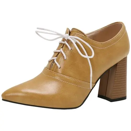 Produktbild: CUTEHEELS Damen Schnürpumps mit Blockabsatz und Spitzer Zehenpartie (Gelb, 39)