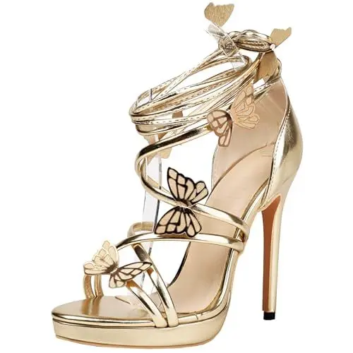 Produktbild: CUTEHEELS Damen Sommer Sexy Schnürsandalen mit Stilettos und Offener Spitze (Gold, 36)