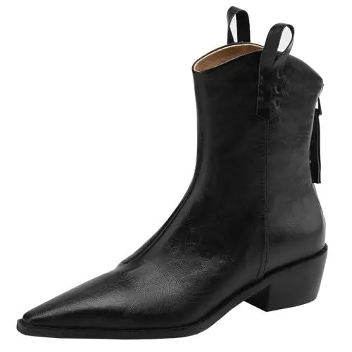 Produktbild: CUTEHEELS Damen Winter Echtleder Stiefeletten mit Spitzer Zehenpartie und Klobigen Absatz/Western Cowboystiefel mit Reißverschluss Hinten (Schwarz, 40)
