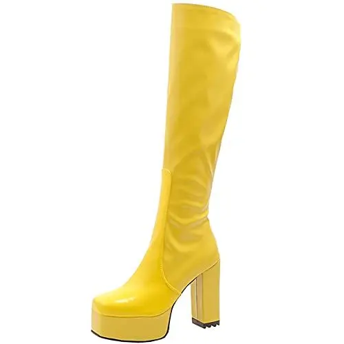 Produktbild: CUTEHEELS Lässige Plateau-Kniehohe Stiefel mit Klobigem Absatz und Eckiger Zehenpartie für Modische Damen (Gelb, 42EU)