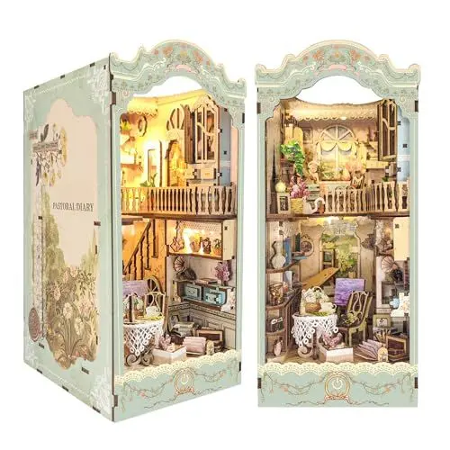 Produktbild: CUTEROOM Book Nook Kit, DIY Puppenhäuser Miniatur Haus Kit mit Möbeln und LED-Licht, 3D Puzzle Buchstützen aus Holz, Modellbausätze für Erwachsene zum Bauen (Pastoral Diary)