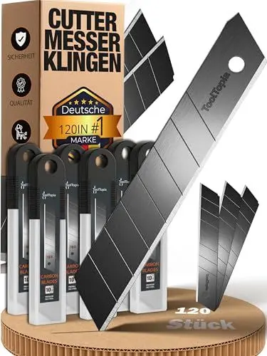 Produktbild: Cuttermesser Klingen 18mm – 120 Stück Universal Ersatz Blades aus SK5-Stahl für Teppichmesser – Extra scharfe Abbrechklingen 18mm I Präzise Cuttermesserklingen für vielseitige Anwendungen
