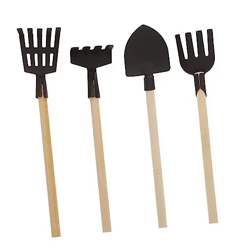 Produktbild: CVUTOVO 4 Stück Mini Gartenwerkzeuge Teiliges Set für Kreative Mini Harke Schaufel und für Puppenhäuser und Gartenprojekte Rustikaler Stil für DIY Dekorationen