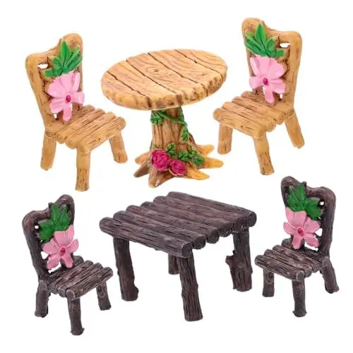 Produktbild: CVUTOVO 6 Stück Miniaturmöbel Teilig Resinschreibtisch und Stühle für Mikrolandschaften Puppenhaus Deko Kreative Gartenmöbel für DIY Projekte Zufällige Farbe