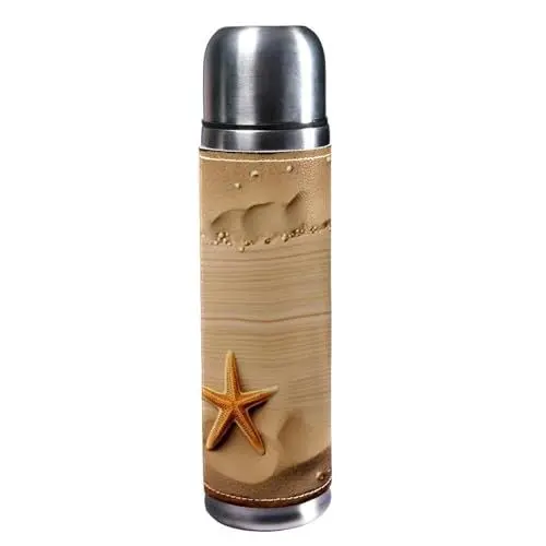 Produktbild: CWAGFEQZ 1-Pc Kaffeebecher 500ml,Edelstahl-Reisebecher für Tee und Getränke,Strand Muschel Seestern Holz