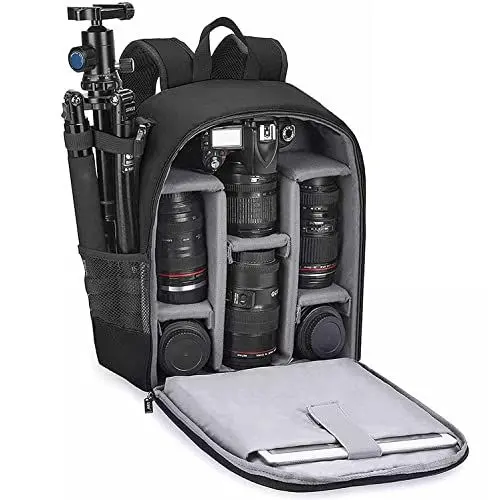 Produktbild: Cwatcun Kamerarucksack Wasserbeständig Fotorucksack Professioneller Kameratasche für spiegellose SLR DSLR, kompatibel für Sony Canon Nikon Kamera und Objektivstativ Zubehör (2.0 klein, Schwarz)