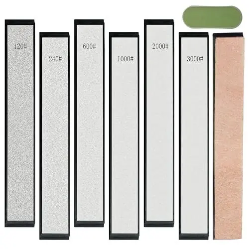 Produktbild: CWOVRS Diamant Schleifstein Set, 6 Stück Diamant Schleifstein Kochmesser Schleif Set mit Basis – 120#, 240#, 600#, 1000#, 2000#, 3000# für fest abgewinkeltes Messerschärfer Profi + 1 Leder