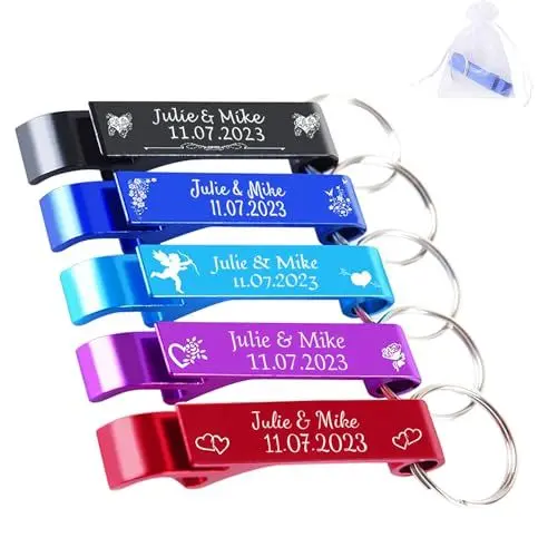 Produktbild: CWYW Flaschenöffner für Hochzeitsfeier, Hochzeitsgeschenke für Gäste, personalisierter Flaschenöffner, Schlüsselanhänger, Taschengröße, 5 Stück.