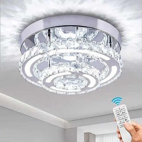 Produktbild: CXGLEAMING Moderne Klein Kronleuchter Kristall Deckenleuchte LED Dimmbar Deckenlampe Rund Unterputz Pendelleuchte Kristall Deckenleuchten für Schlafzimmer Wohnzimmer Küche Flur(Fernbedienung)