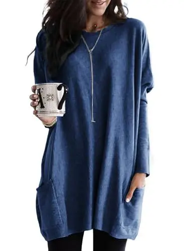 Produktbild: CXMSYY Langarmshirt Damen Rundhals Tshirt Tunika Oberteile Elegante Locker Langarm Pullover Longshirt mit Tasche