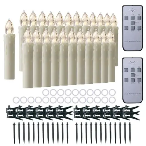 Produktbild: CXMYKE 24er LED Weihnachtskerzen mit 2 Fernbedienung Timer - Beige Batteriebetrieben Flammenlose Christbaumkerzen Kabellos mit Flackernder Warm Weißer Flamme - Perfekt für Weihnachtsbaum/Urlaub Dekor