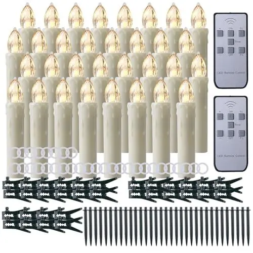 Produktbild: CXMYKE 32er LED Weihnachtskerzen mit 2 Fernbedienung Timer - Beige Batteriebetrieben Flammenlose Christbaumkerzen Kabellos mit Flackernder Warm Weißer Flamme - Perfekt für Weihnachtsbaum/Urlaub Dekor
