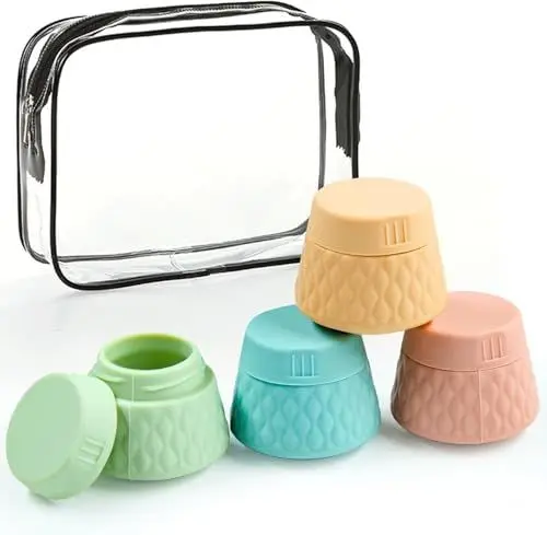 Produktbild: Cxqbsmy 4 Stück Reise Kosmetische Creme Behälter, 20 ml Silikon Auslaufsicherer Reise Flaschen Set mit Klare Tasche, Auslaufsicheres Reisezubehör für kosmetische Gesichts, Körper- und Handcreme