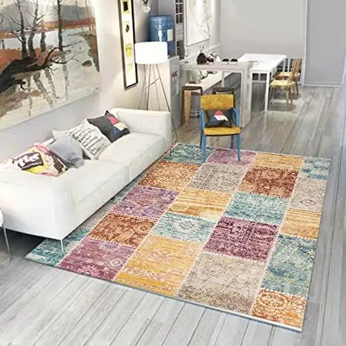 Produktbild: Rutschfester, waschbarer Teppich für den Eingangsbereich, Übergangsbereich, Läufer für Flur, Schlafzimmer, Wohnzimmer, Küche, Büro, Heimdekoration, Retro-Nähmuster in Distressed-Optik, 80 x 200 cm