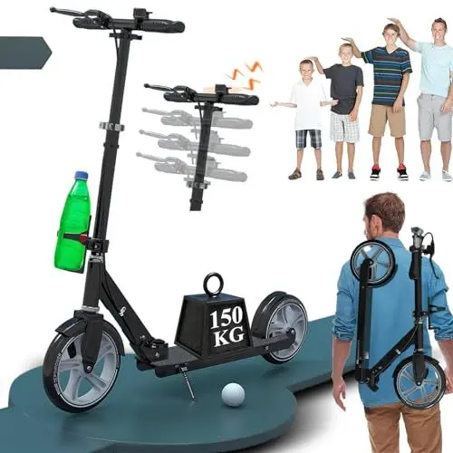 Produktbild: CXYTX Cityroller Tretroller Erwachsene 150 kg Tragkraft, 230mm Big Wheel Scooter mit Bremsen und Stoßdämpfern, Kickboard Klappbar & Höhenverstellbar, Roller Kinder, Tragegurt,Schwarz